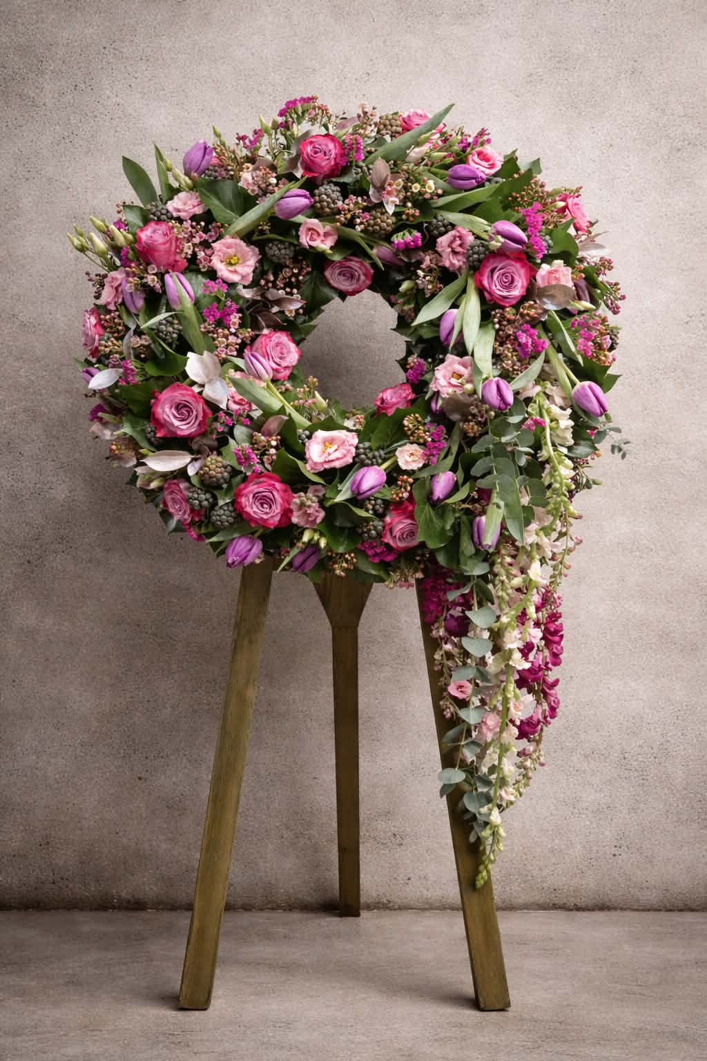 Venček iz pink vrtnic in vijoličnih tulipanov na stojalu